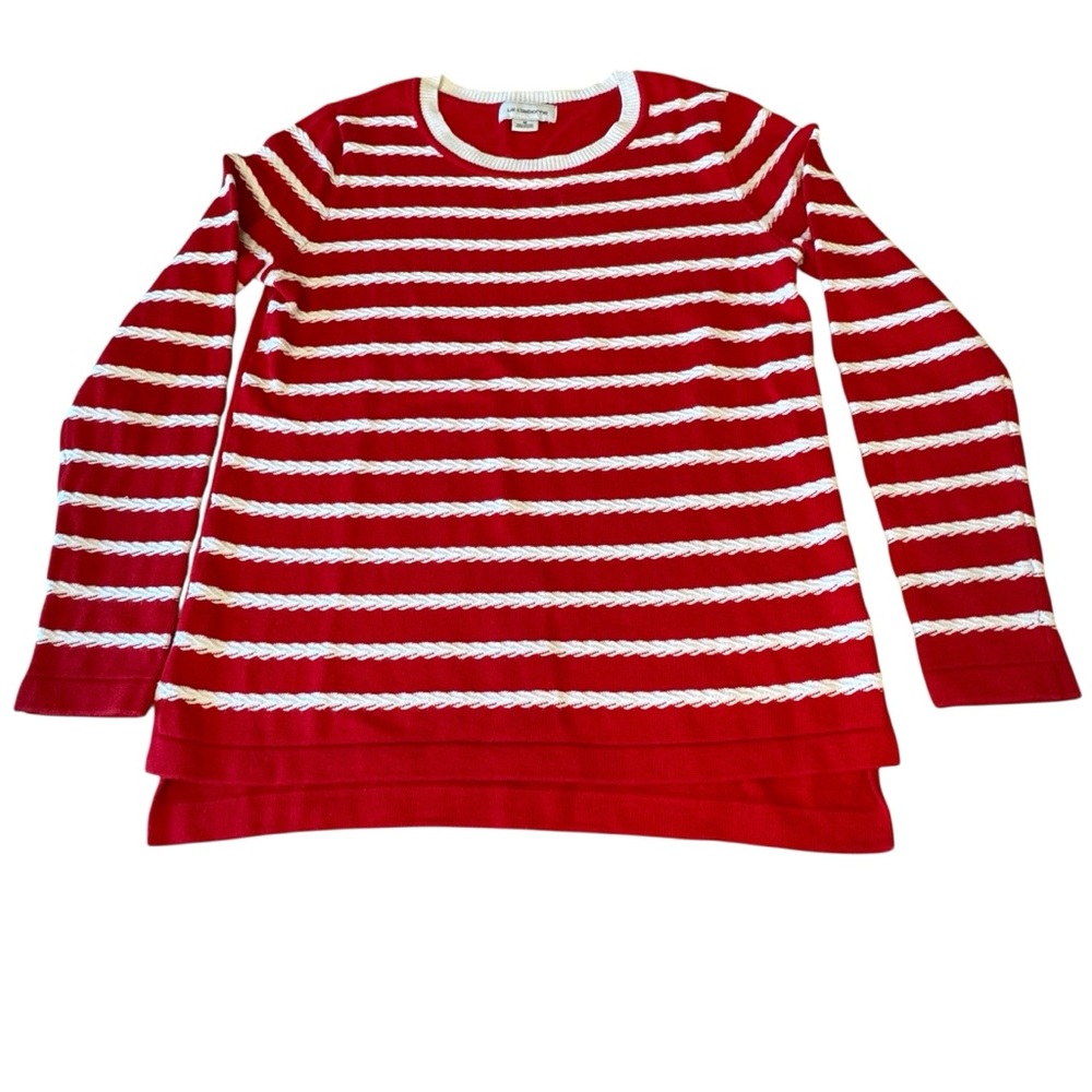 LIZ CLAIBORNE Red and White Front Striped Solid Back Long Sleeve Sweater Size M